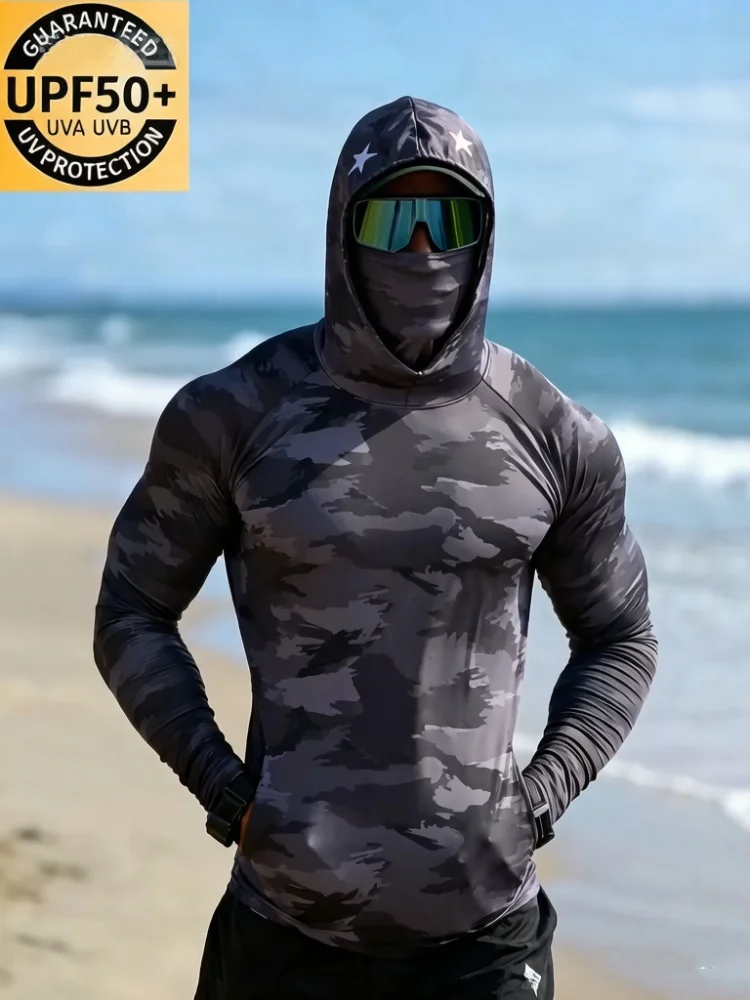 Camiseta con Capucha para Hombre con Protección Solar UPF50+, Estampado de Camuflaje Oscuro, Cubre Rostro, Protección UV, con Orificios para los Dedos