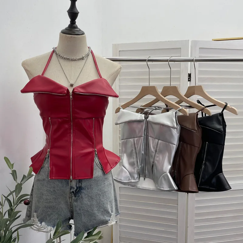 

Y2k Spice Girls Halter Neck Zipper Split Suspender Vest Pu Leather Tube Top Slim Sleeveless Crop Top