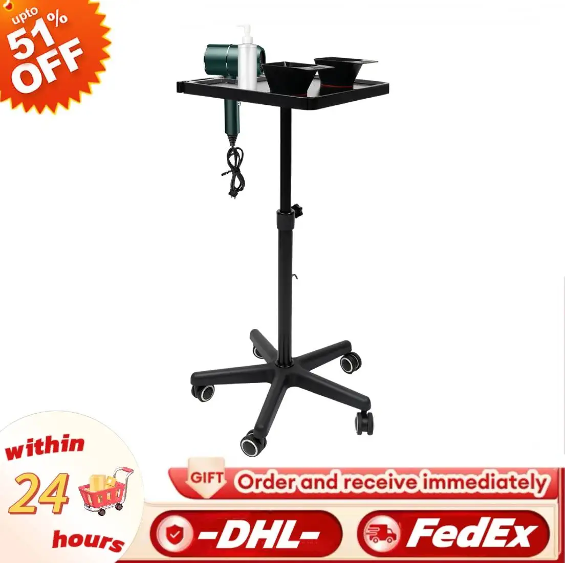 

Rolling Salon Tray Cart on Wheels Scalable Magnetic Suction Adjust Height Hair Stylist Professional Instrument Mobile Stand Tray