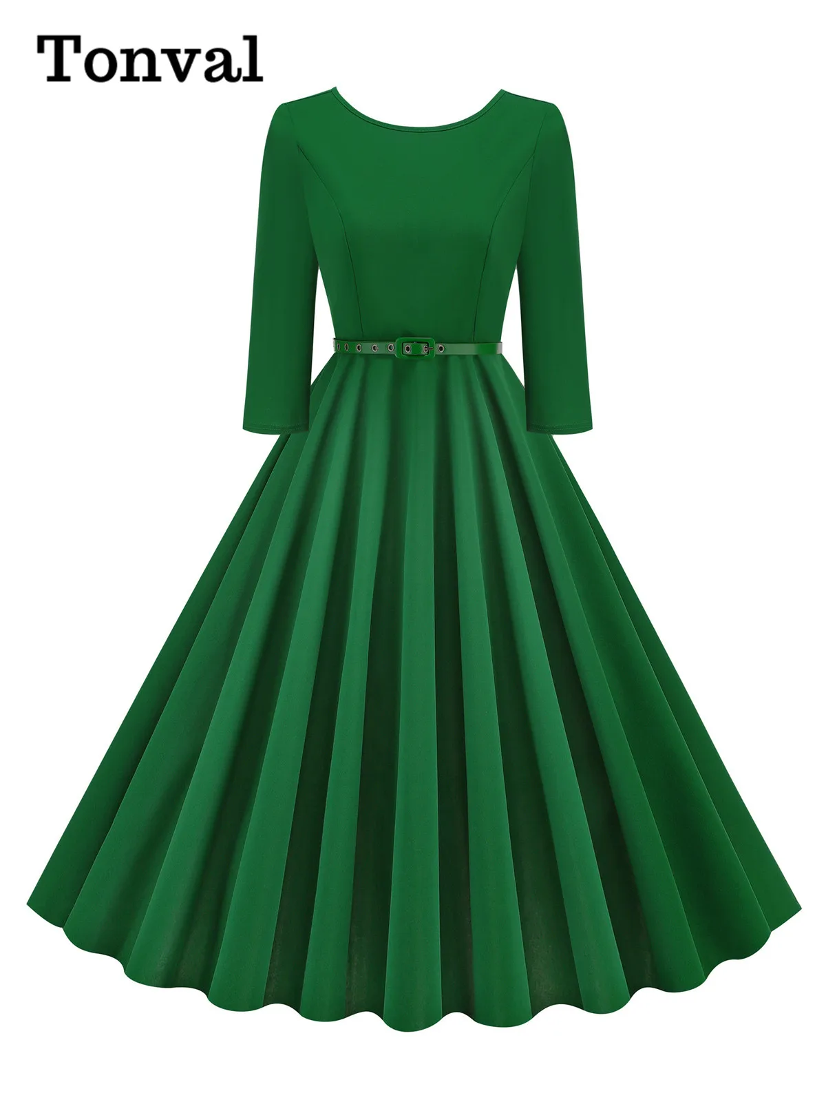 Tonval O-Neck Green Solid 1950s Style Plain Vintage Dress 3/4 Length Sleeve Autumn Winter Women Belted Swing Dresses