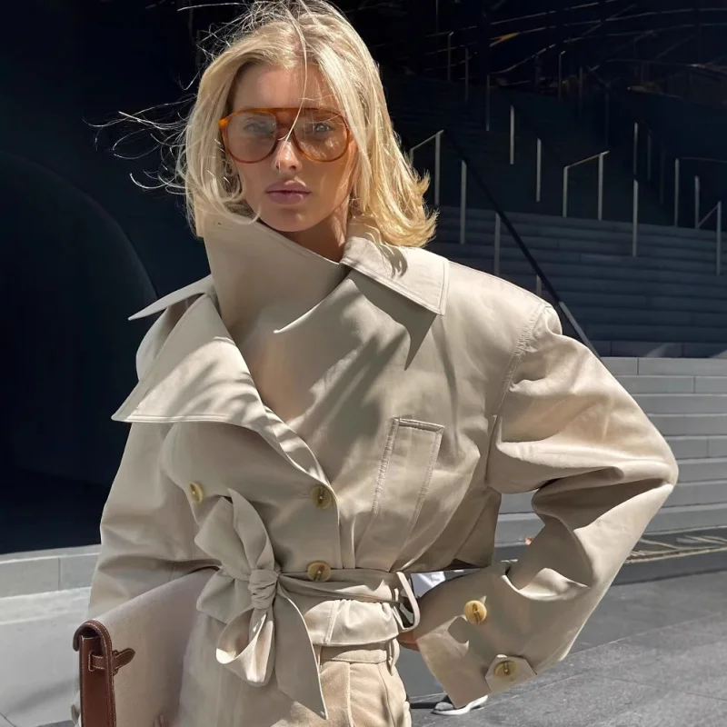 

Весеннее новое европейское и американское женское модное короткое пальто с поясом