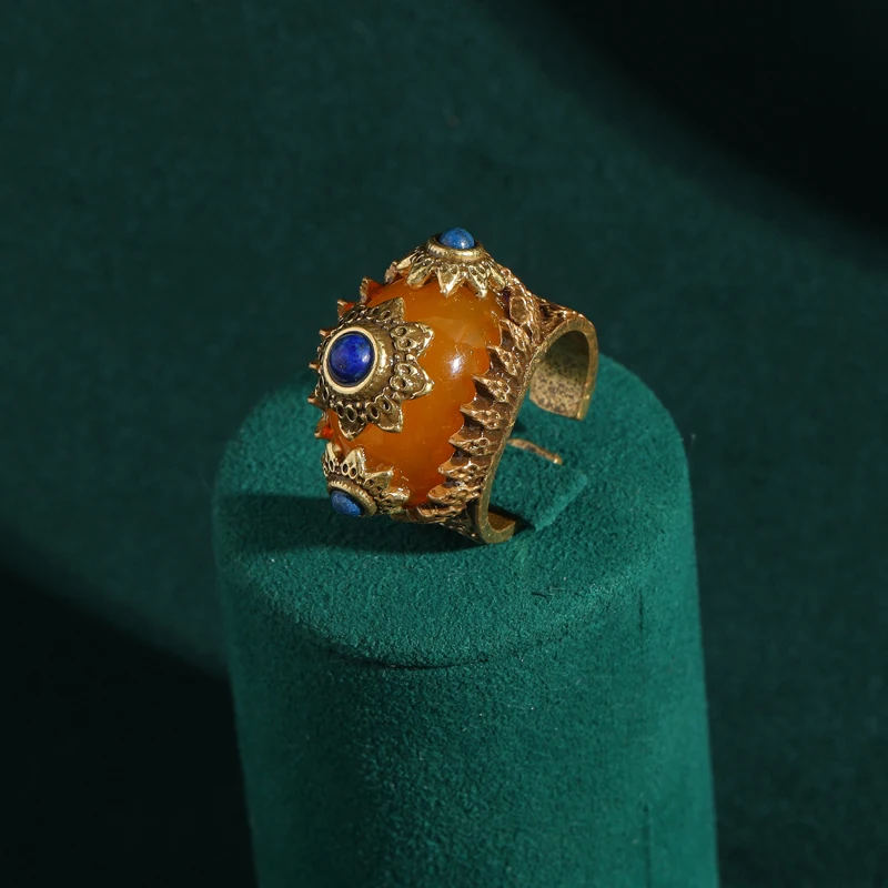 Vintage Blue Gold Color Sun Rings Yellow Stone Simple Party Luxury Mother's Day Gift Antique Jewelry Accessories for Women New