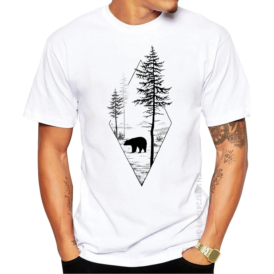 Forest Bear Men T-Shirt Short Sleeve Casual T Shirt Hipster Black Bear Printed Tee O-Neck Cotton Tops