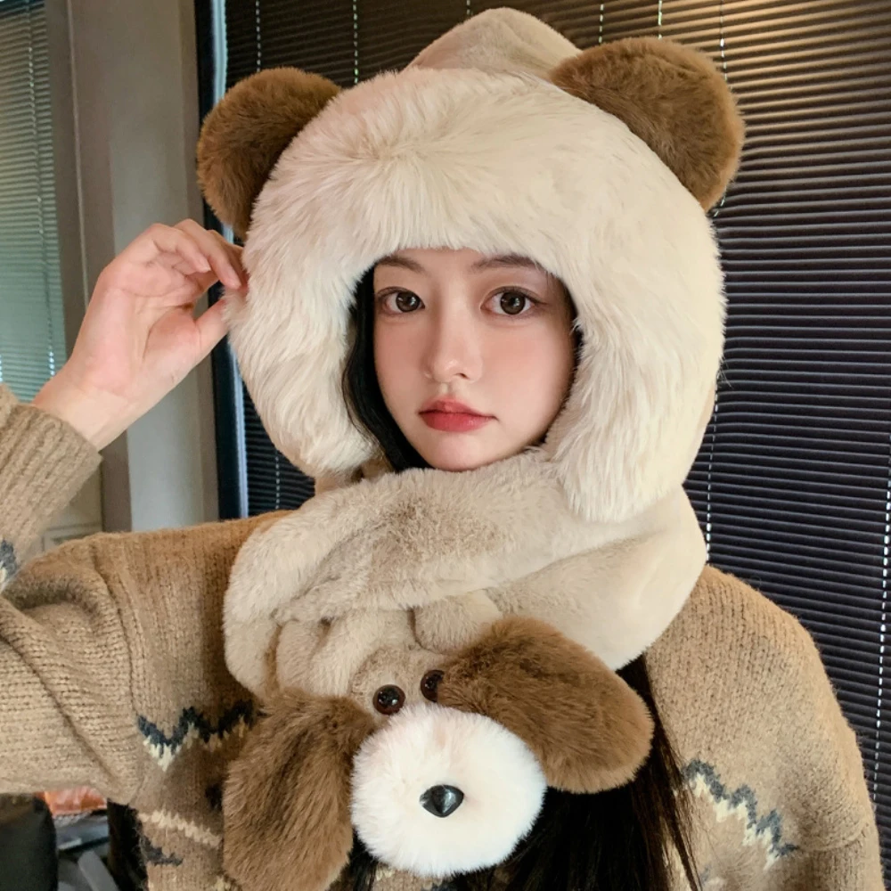 HT4564 Cute Bear Shaped Hat Scarf Set Women Winter Accessories Thick Warm Winter Hat with Scarf Ladies Soft Fleece Russian Hats