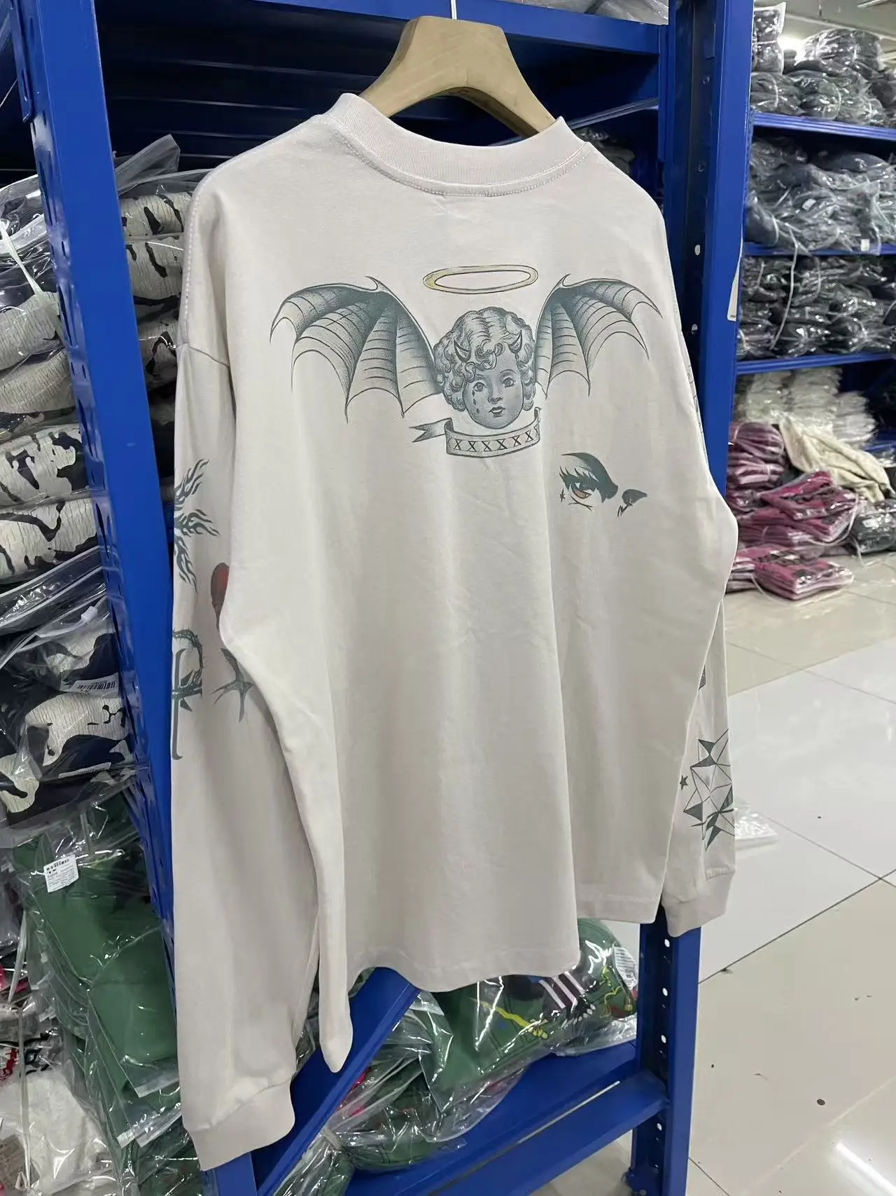 Bonne qualité 25ss SAINT bleu course costume à manches longues imprimé mode hommes femmes coton japon Style Vintage Style américain T-Shirt