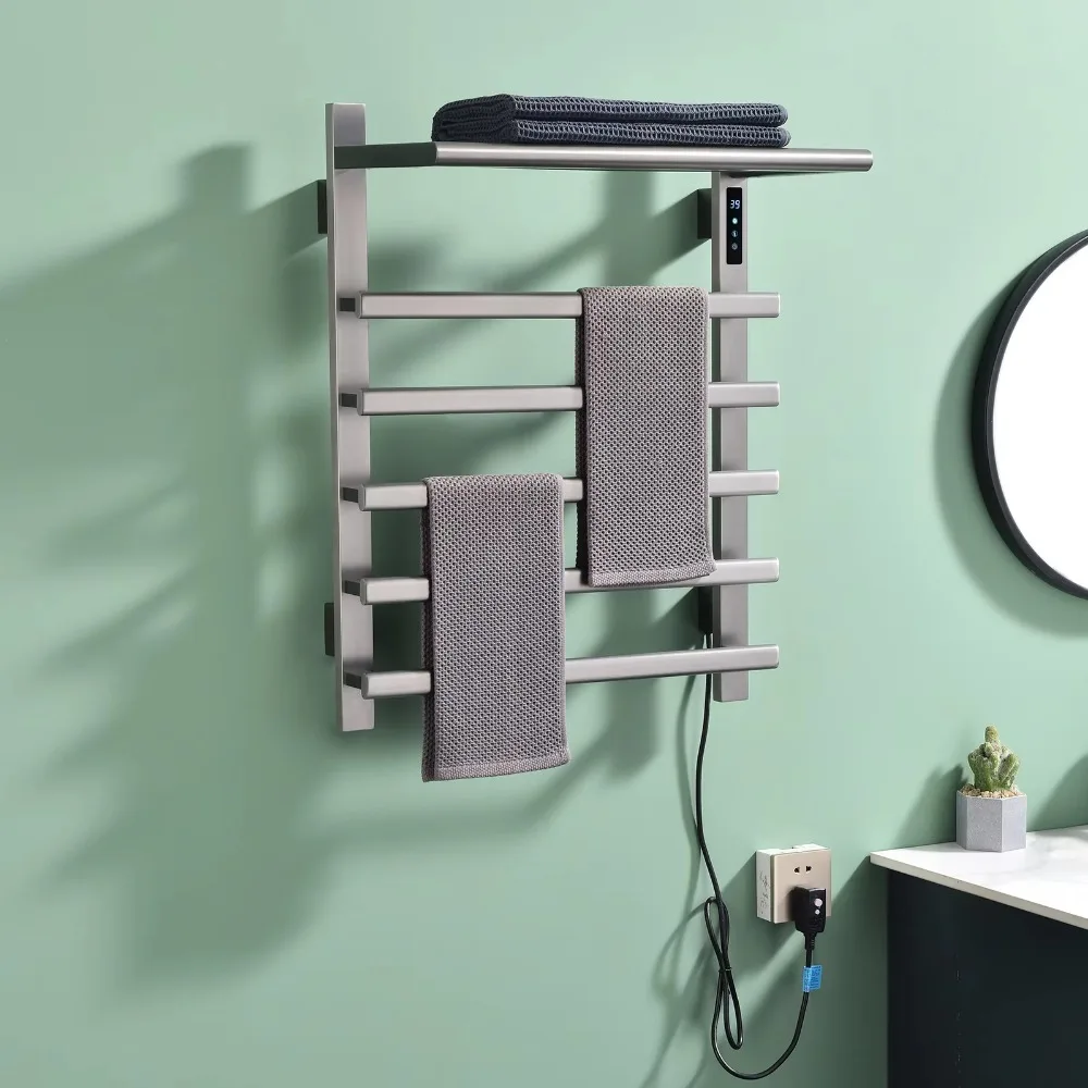 Modern Brushed Grey Electric Bathroom Radiator with Towel Shelf Bathroom Waterproof 304 Stainless Steel Heated Towel Rack