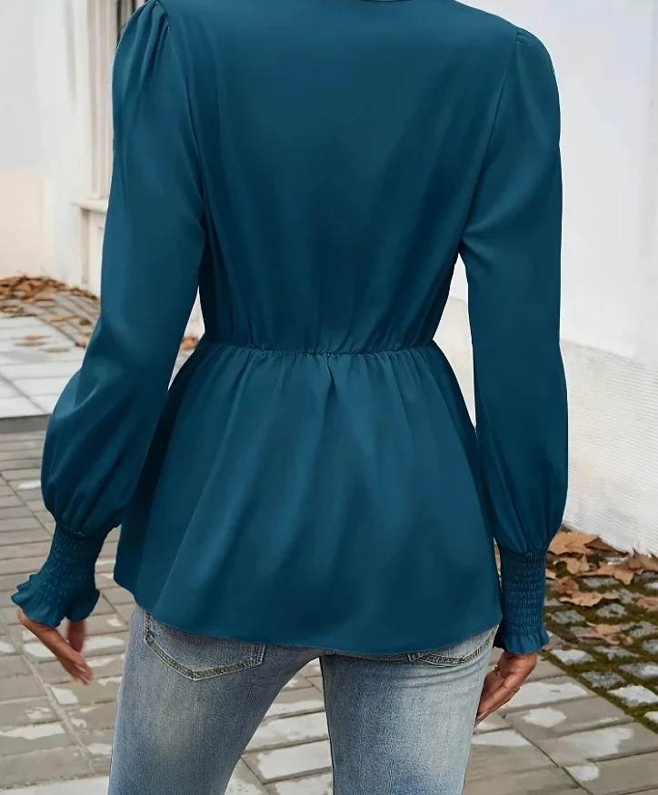 Wiosenno-jesienna bluzka retro z głębokim dekoltem w serek, krzyżowymi ramiączkami, elegancka plisowana bluzka biurowa, niebieska, codzienna bluzka z długim rękawem i sznurowaniem.