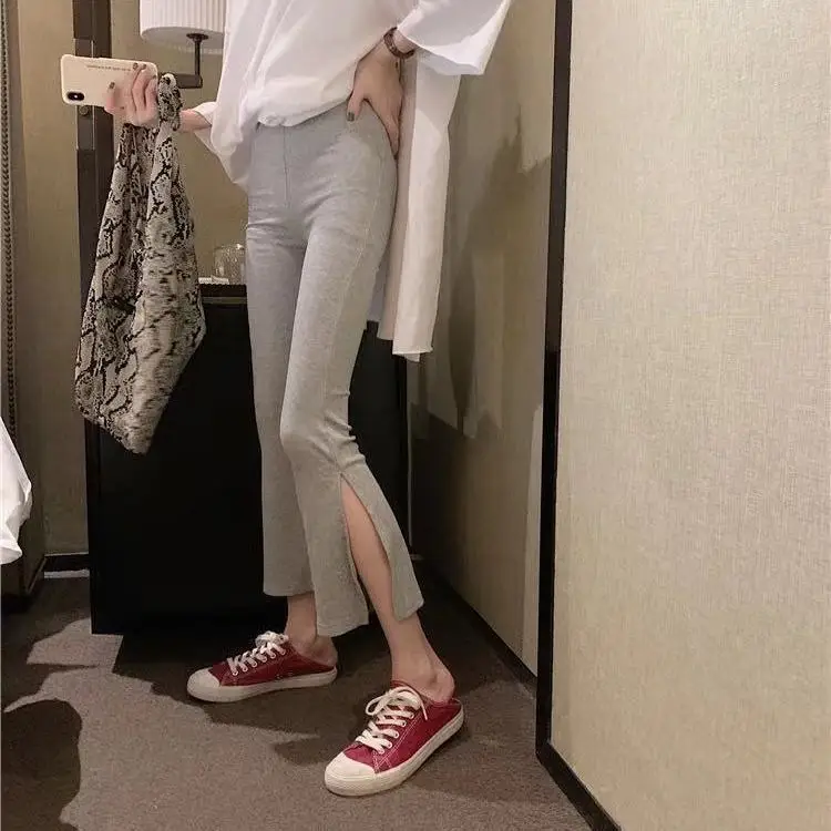 Black Pants Spring and Summer 2026 New Women's Split-ended Cropped Pants Casual High-waisted Thin Drape Micro-flared Pants