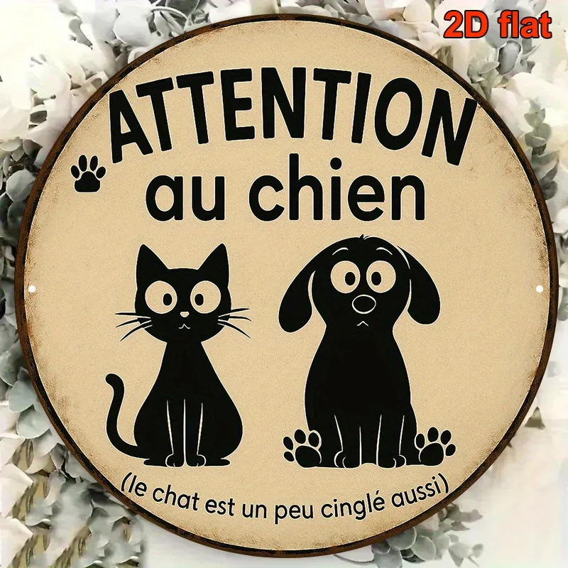 Señal de advertencia 2D plana, 1 unidad, francesa, "Attention Au Chien/Dog", placa de alerta para mascotas bilingüe Vintage redonda de 8 pulgadas con impresiones de patas y Fr