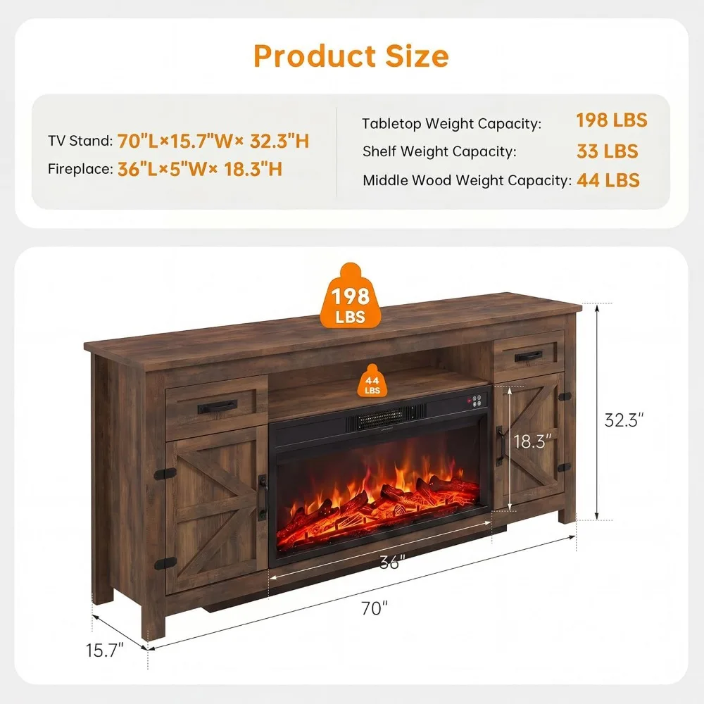 70 Inch Farmhouse Fireplace TV Stand for TVs up to 80, Brown with Barn Door Storage