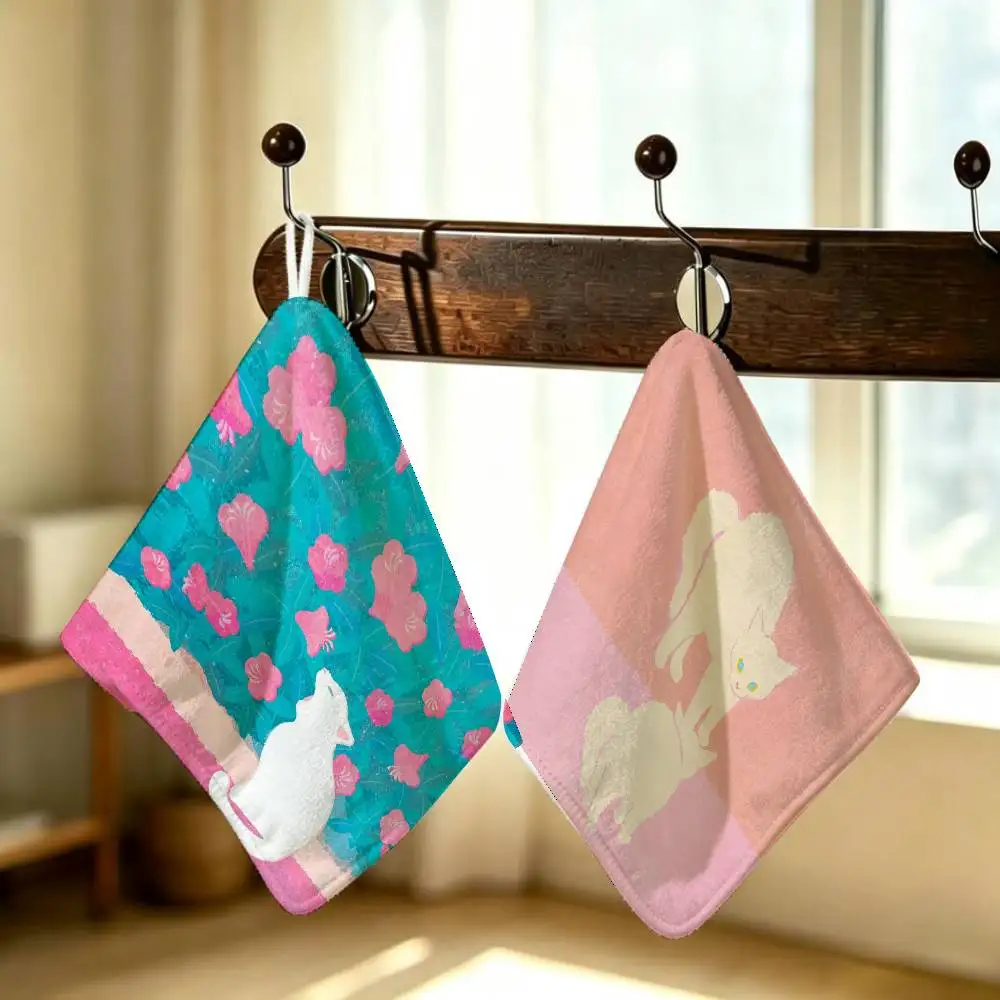 Color Fashion Cat Cute Cartoon Polyester Cotton Hanging Kitchen Towel Skin Friendly Hand Wiping Towel For Hotel Cafe Household