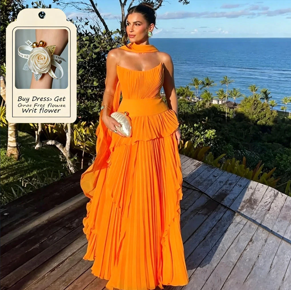 Eightale 2025, orangefarbenes A-Linie-Chiffon-Maxi-Abendkleid mit Wickeloptik, saudi-arabisches Abendkleid, Dubai-Partykleid, individuell gestaltet
