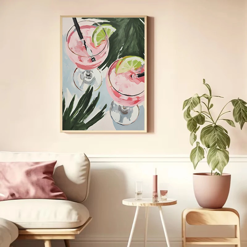 Tropical Leaves Cocktail Pink Summer Botanical Plants Poster Canvas Painting Aesthetic Wall Art Pictures Home Interior Decor