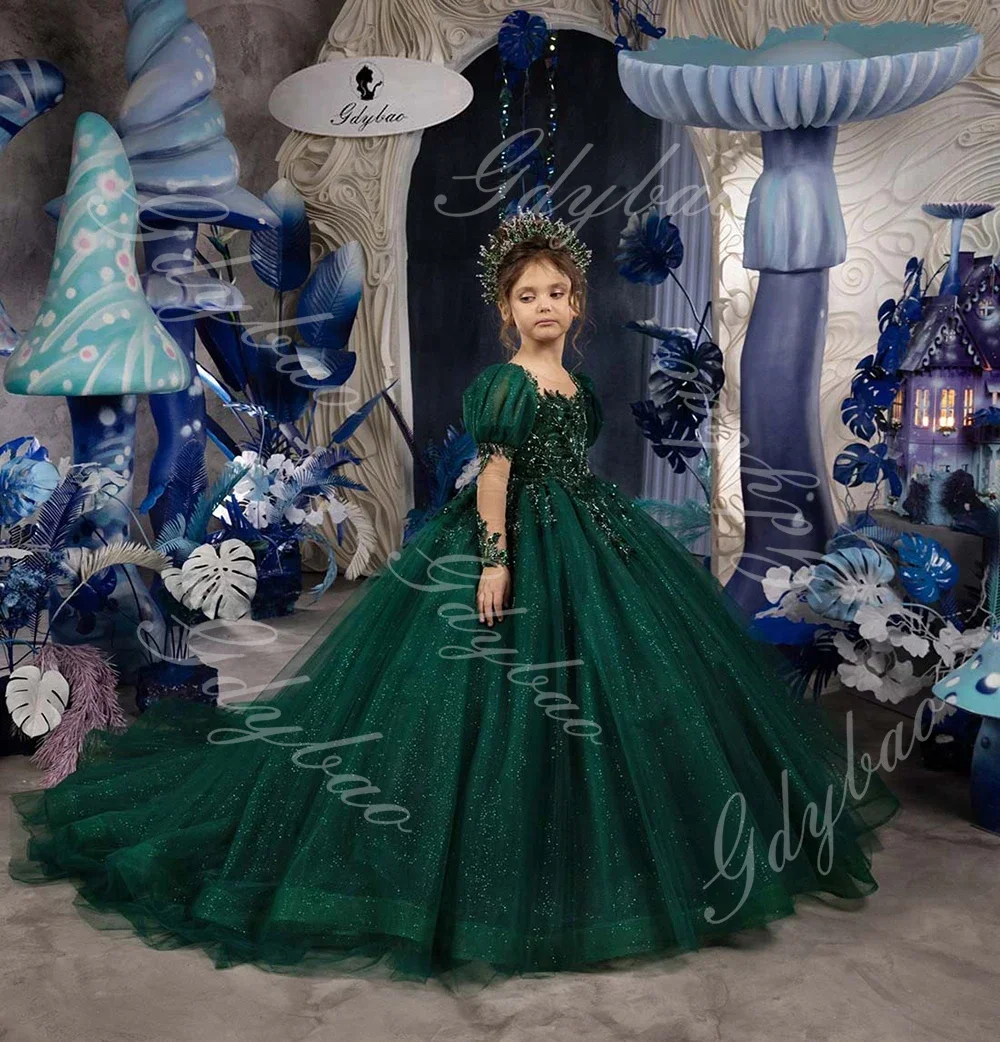 

Emerald Green Pageant Dress Sparkly Toddlers Beaded Applique Flower Girl Dress for Wedding Kids Full Sleeve Birthday Party Gowns
