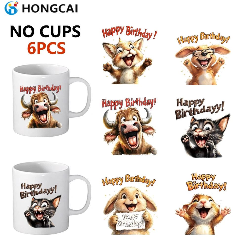 6 pegatinas UV DTF de animales de cumpleaños, diseños de vaca, conejo y gato en acuarela para tazas y vasos Libbey de 16 oz, calcomanías DIY impermeables y duraderas