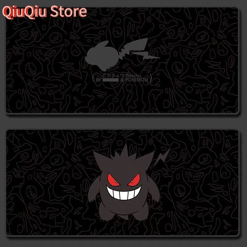 Alfombrilla de ratón negra Gengar & Pikachu (90x40 cm) - Tema Pokémon oscuro, base de goma antideslizante, alfombrilla de escritorio para juegos de 3 mm de grosor para PC y oficina