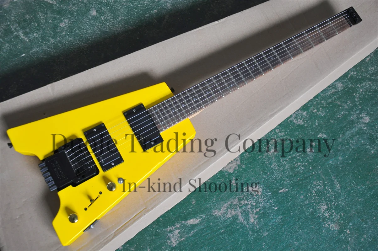 Headless Guitar Yellow body Rosewood fingerboard HH pickup Active battery case Maple neck support custom