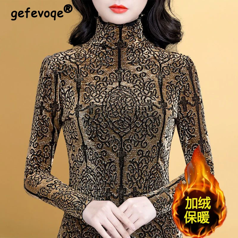 2023 autunno inverno donna Retro Graphic peluche spessa Basic top moda elegante collo alto manica lunga Slim T Shirt Ropa De Mujer