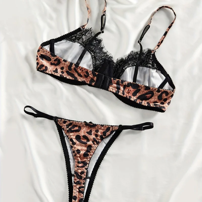 Bikini Französisch Spitze Patchwork Leopardenmuster Sexy Dessous Zweiteiliges Set Halbtransparent bedruckt Sexy Temptation BH Set