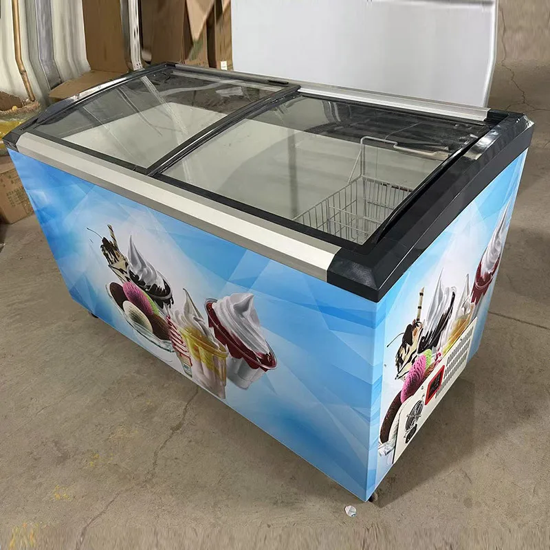 Curved glass door solar freezer 508L supermarket commercial household refrigerated freezer horizontal refrigerator outlet