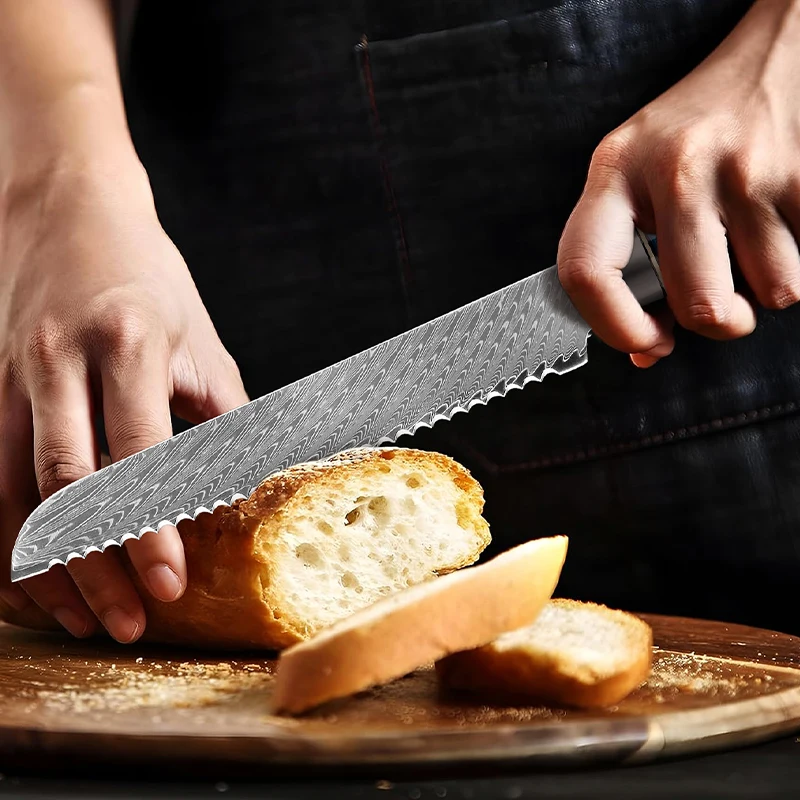 8-inch Restaurants Bread Knife Damascus 67 layers Steel Chef Knife Super Sharp Frozen meat Sawtooth knife With Blue resin Handle