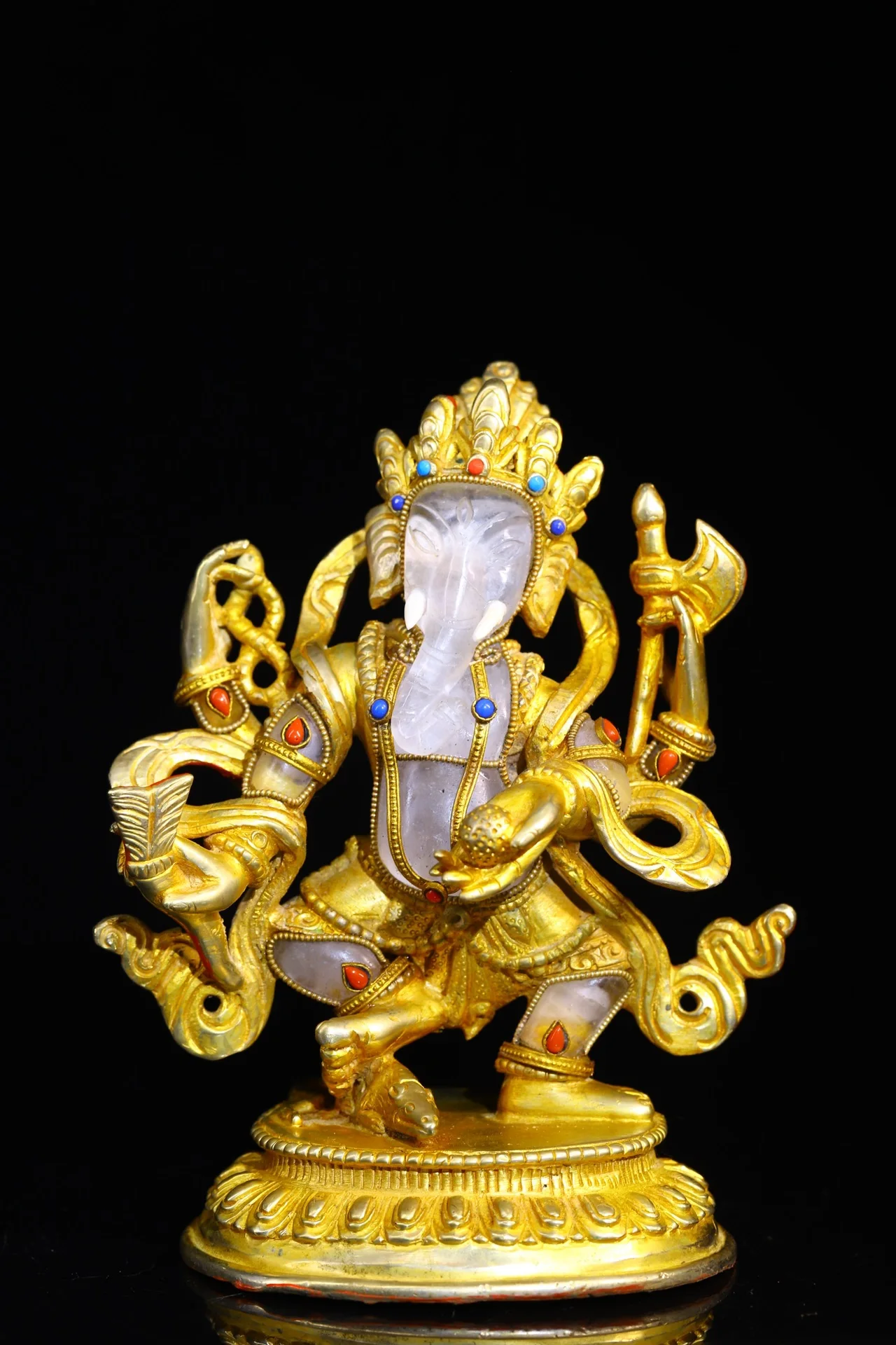 

6"Tibetan Temple Collection Old Natural Crystal mosaic Gem Outline in gold Four arms Ganesha Worship Hall Town house Exorcism