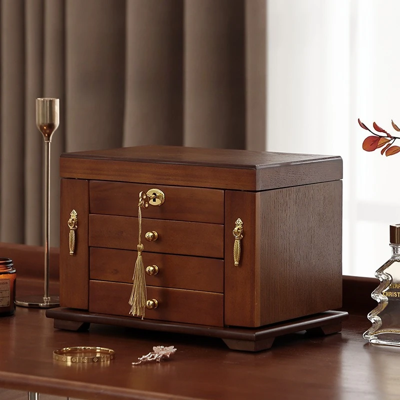 나무 보석 보관 상자 거울 잠금 보석 상자 대형 팔찌 목걸이 보석 보관 케이스 귀걸이 반지 팔찌 주최자