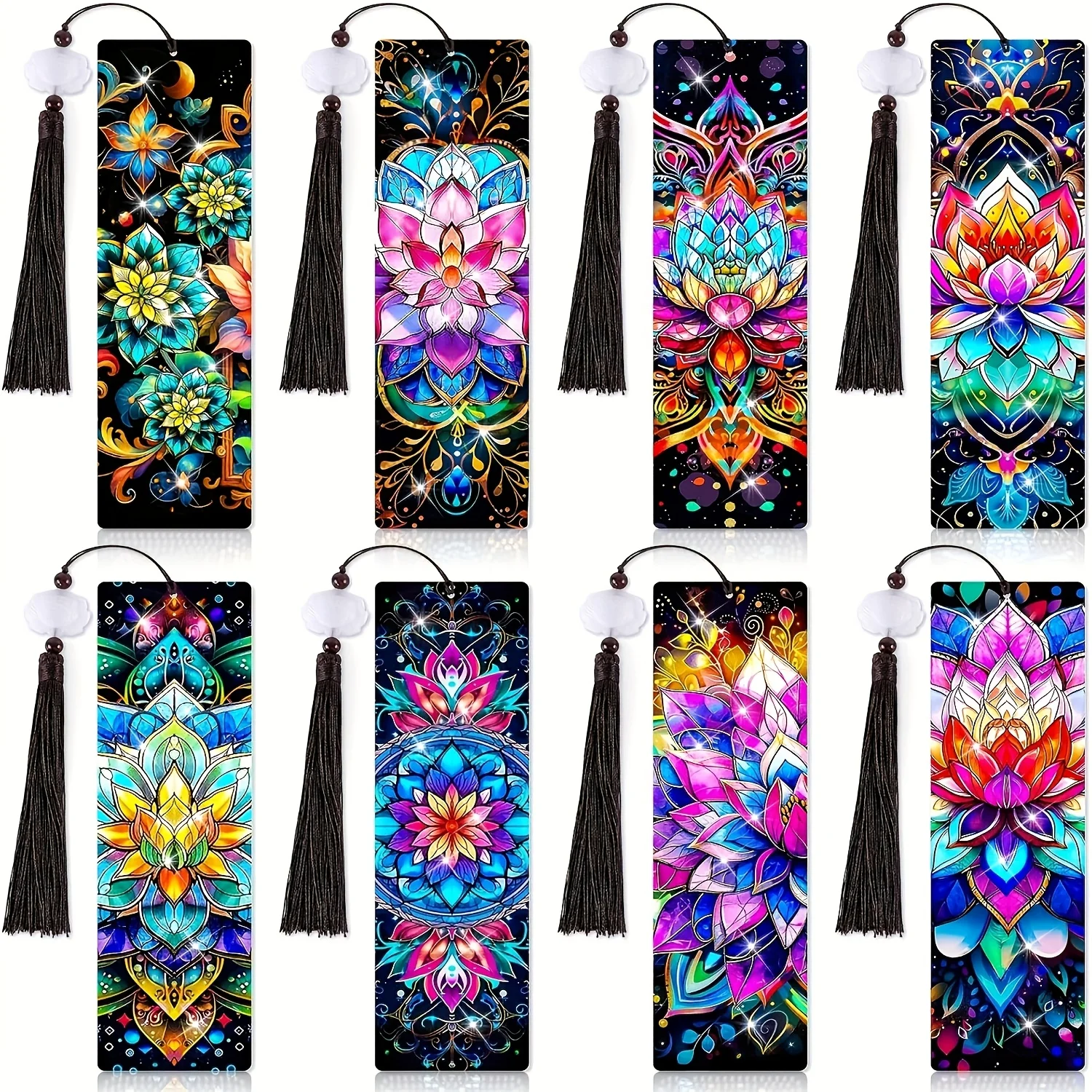 8-Piece Set 5D DIY Diamond Painting PET Material Multi-Color Lotus Pattern Diamond Painting Bookmark Set with Pendant