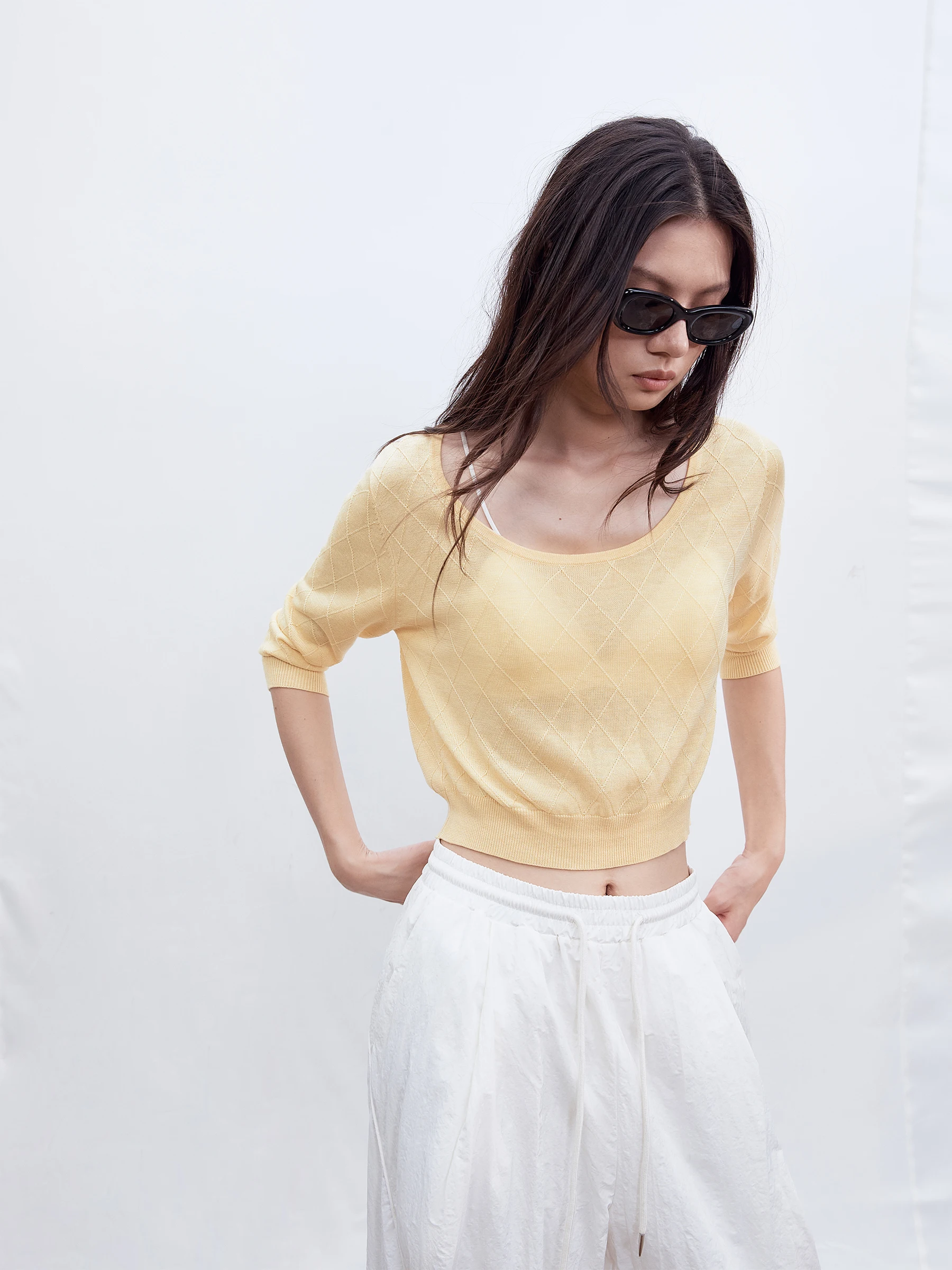SHKUCO Silk Wool Blend U-Neck Long Sleeve Women's Knitted Top Micro Permeability 3D Embroidery Diamond Pattern Loose Fit