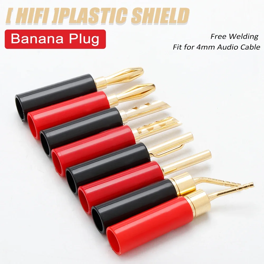 HIFI Banana Connector Red and Black 4mm Solderless Side Stackable Banana Plug 24k gold plated BFA hifi Speaker cable Connector