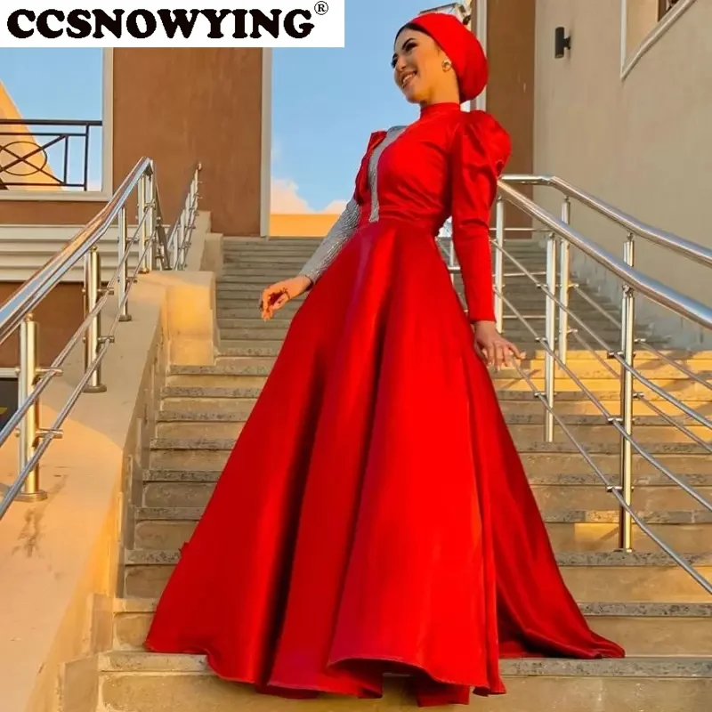 Red Satin Sequins Long Sleeve Muslim Evening Dresses Hijab Islamic Formal Party Gown Women Arabic Kaftan Robes De Soirée