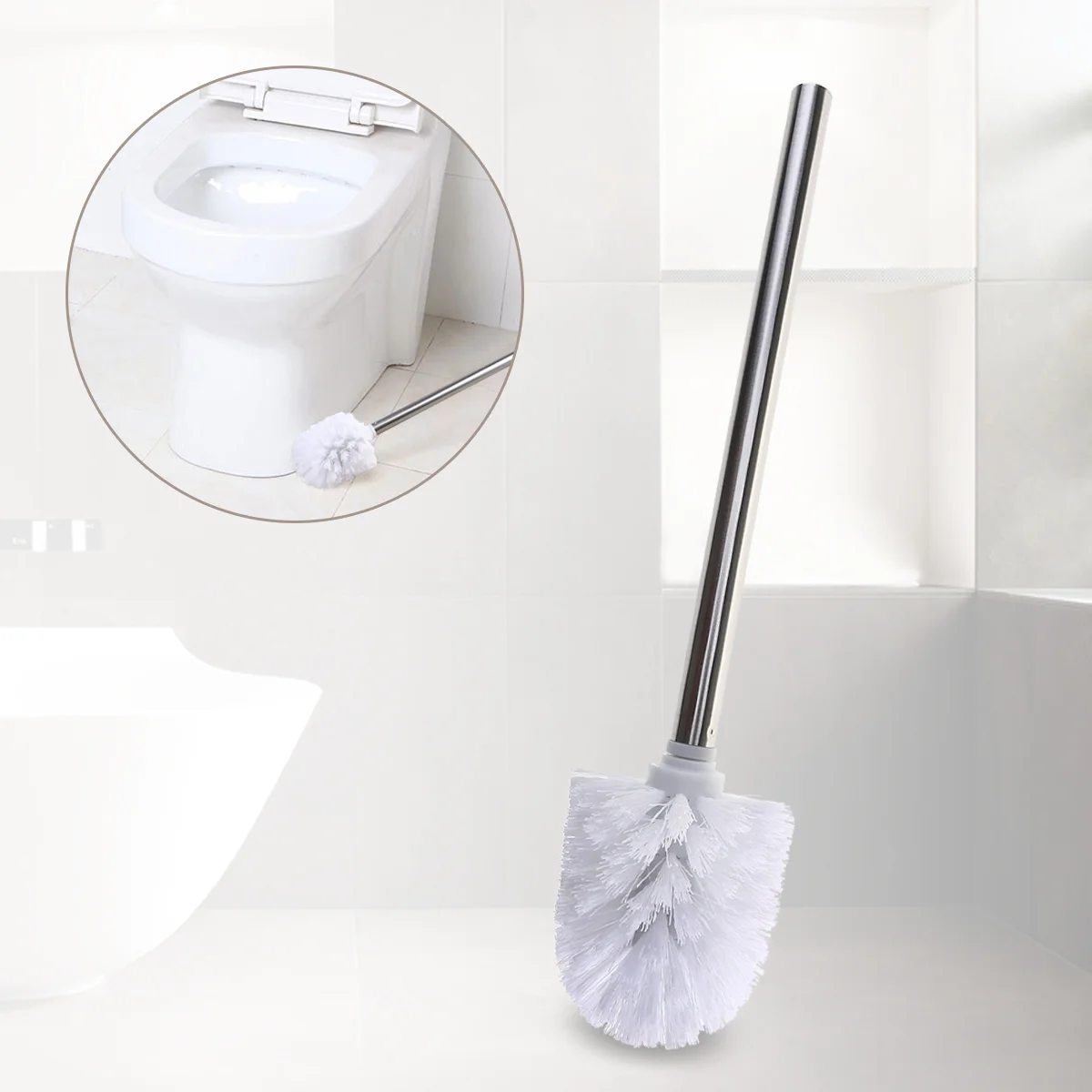 3 Pcs Toilet Brush Head & Handle Stainless Steel Cleaning WC Bathroom Bowl Cleaners