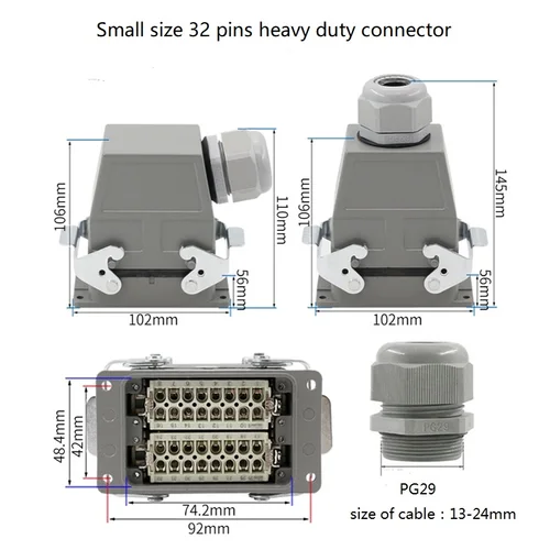 HDC-HA-032 Conector resistente de 32 pines de tamaño pequeño, enchufe impermeable de aviación Industrial 250V 10A