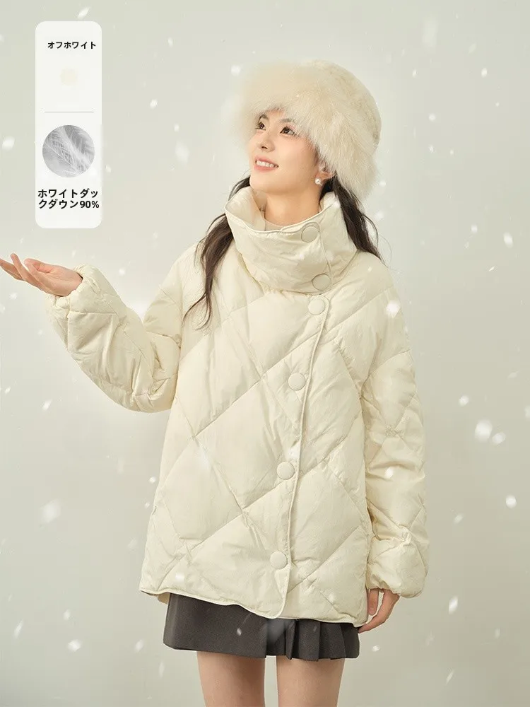 

Gansen Large Collar Du down Jaet Women's Loose Fit High End Warm Outerwear Pure Color Quilted Pattern Single Button Closure