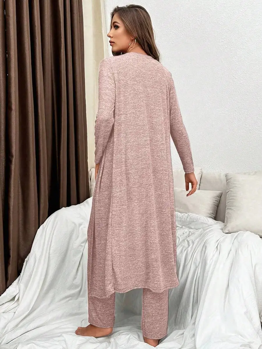 Long Sleeve V-Neck Robe With Matching Pants Lounge Set Cozy Fall Winter Homewear Outfit