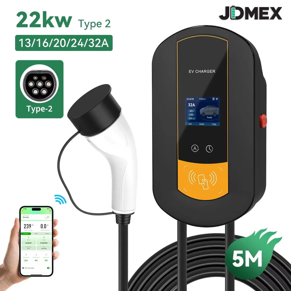 JDMEX TYPE2 EV Charging Station 7KW 32A 1Phase Fast Charging Electric Vehicle Car Charger EVSE APP Remote Control 5M