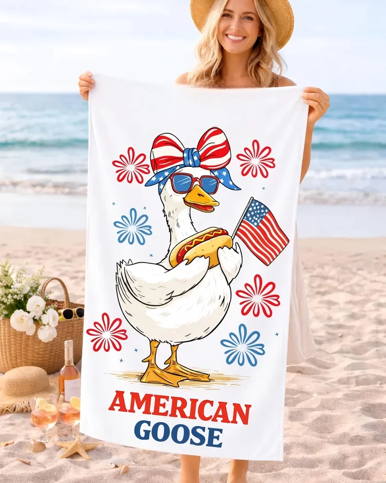 American Flag & Goose Beach Towel, Super Absorbent Quick Dry Microfiber Bath Towel, Patriotic Print Beach Towel