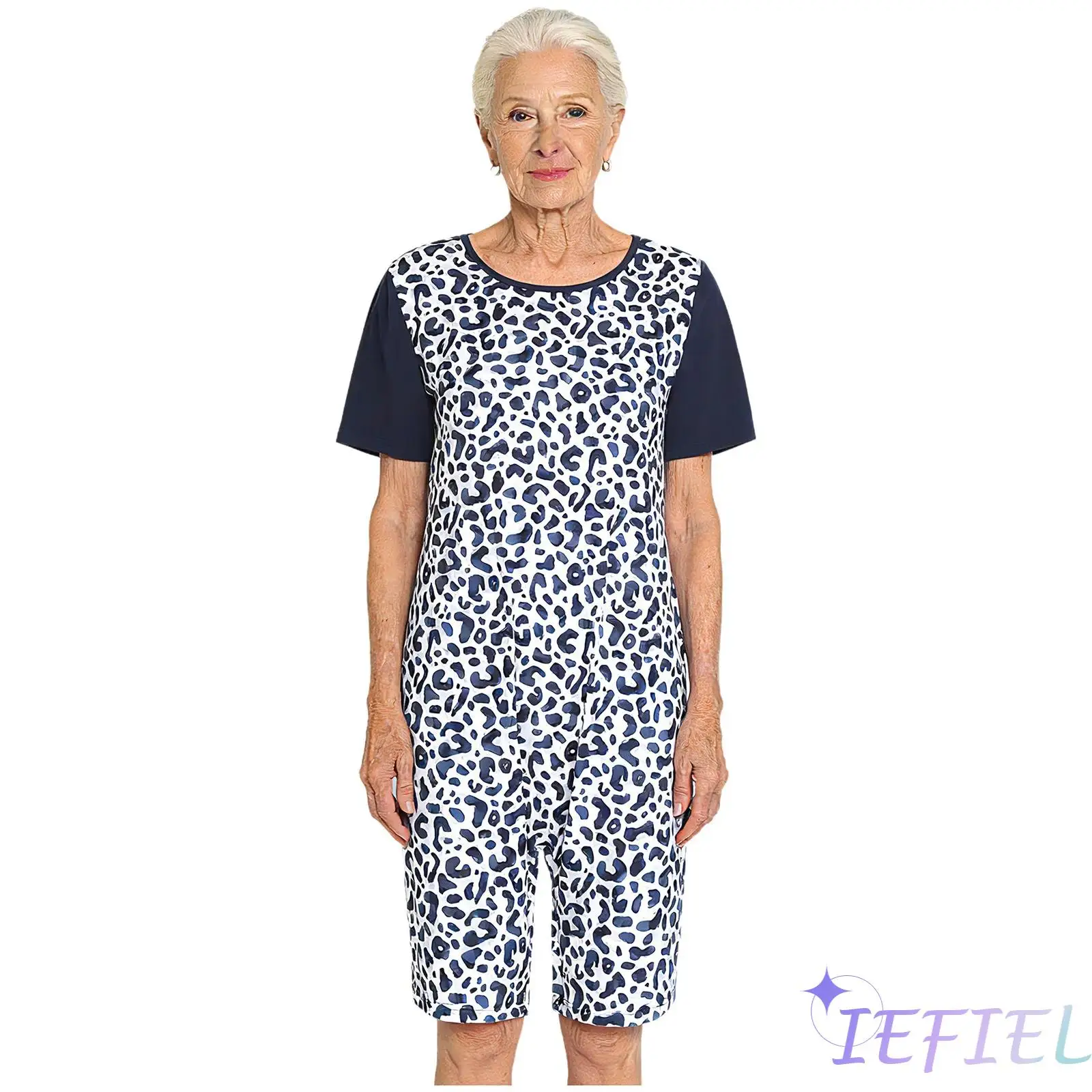 

Womens Special Needs Adaptive Jumpsuit Female Print And Color Blocking Short Sleeve Buttoned Crotch Short Bottom Bodysuit Romper