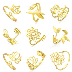 Eueavian 1pc anello fiore di loto per le donne acciaio inossidabile Color oro regolabile farfalla colibrì anelli Yoga buddismo gioielli