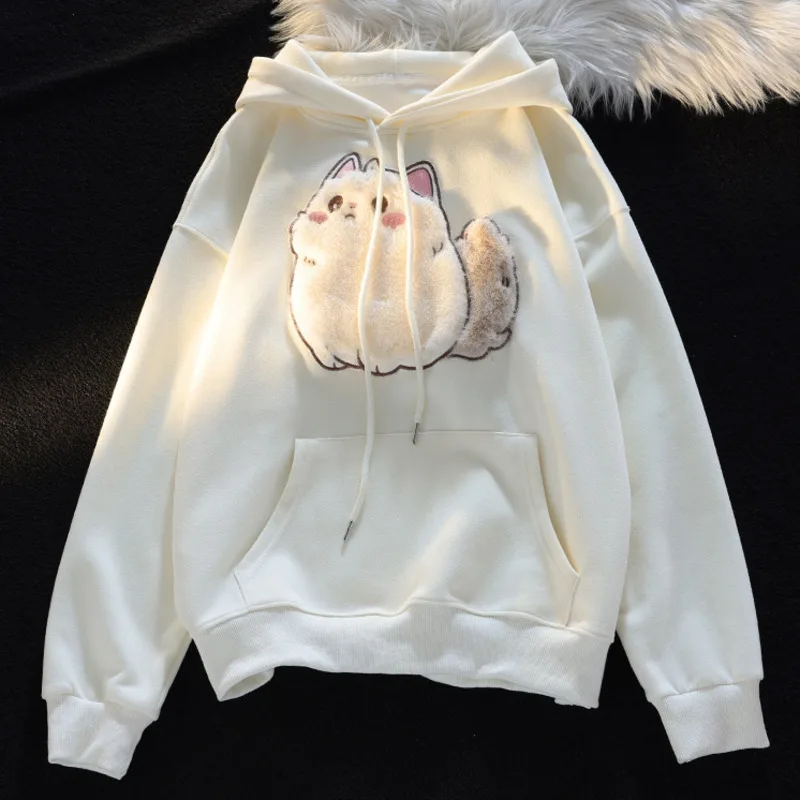 Autumn Japanese Kawaii Flock Embroidery Cartoon Cat Patchwork Hooded Sweatshirt Kangaroo Pocket Baggy Casual Loose Streetwear