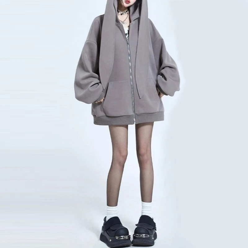 Women Cute Long Rabbit Ears Hoodie Jackets Y2K Girls Harajuku Solid Color Zipper Up Sweatshirt Autumn Casual Loose Cardigan Coat