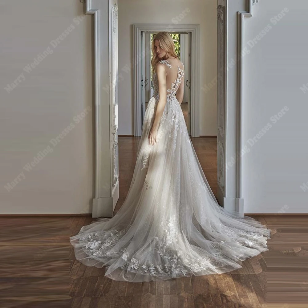 Nowoczesne suknie ślubne w kształcie litery A, eleganckie, seksowne, z dekoltem w serek, bez rękawów, suknie dla panny młodej o długości do ziemi, na bankiet, Vestido De Novia, szyte na miarę.