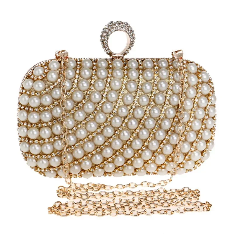 

Pearls Beaded Purse Women's Luxury Knucklebox 2022 New Square Gold Clutch Bags with Should Chain Formal Party Evening Bags