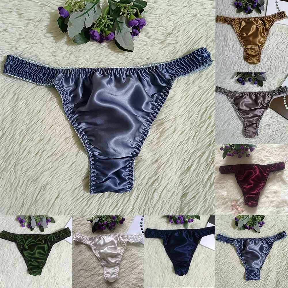 Sexy Men Thongs Silk Satin Underwear Man Bulge Pouch G-strings Soft Smooth Panties Comfortable Underpants Elastic Solid Knickers