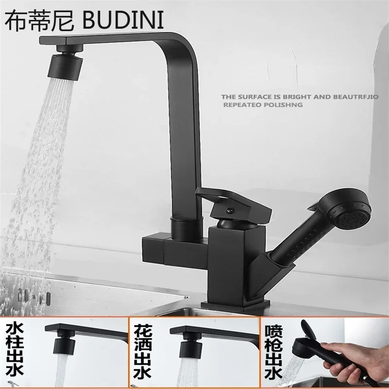 Kitchen faucet Black countertop mounted flexible pull-out hot and cold water mixer tap 360 degree rotating faucet