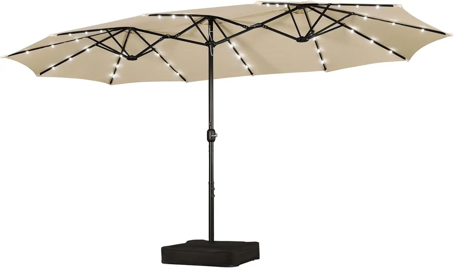 

15 ft Large Patio Umbrella with Solar Lights Double-Sided Outdoor Rectangle Market Umbrellas with 36 LED Lights/Base Included