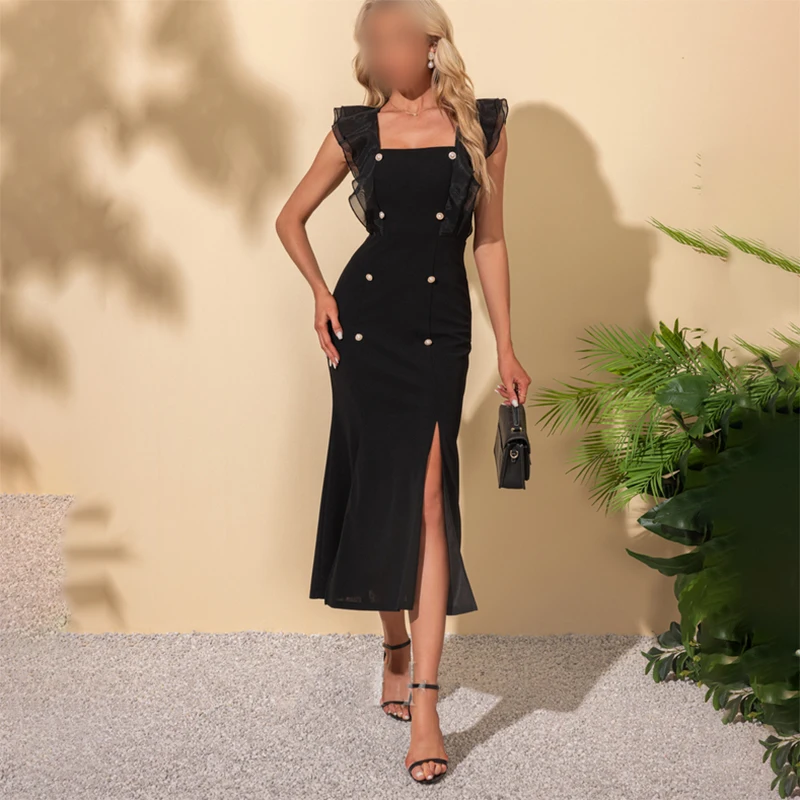 

Black Ruffled Shoulder Strap Double-Breasted Evening Dresses Elegant Square Neck Side Slit Mermaid Prom Occasion Customized