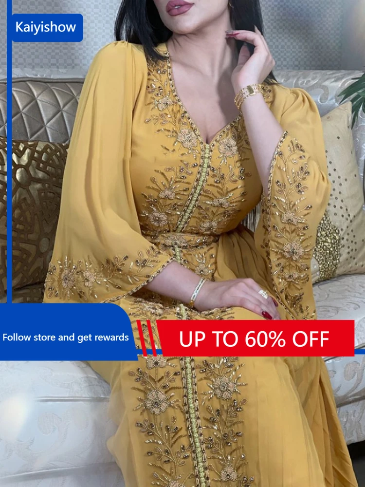 

Luxury Middle East Embroidery Diamonds Sequins Kraftan Gown Evening Dress Muslim Clothing Flare Sleeves Elegant Party Robes