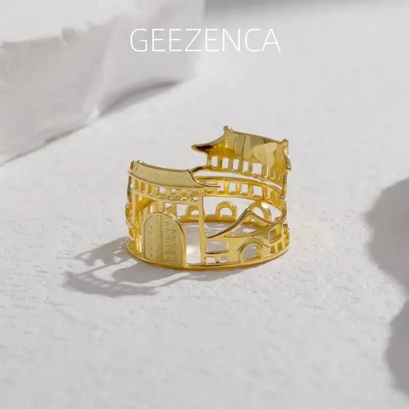 

GEEZENCA 925 пробы Серебряное ажурное кольцо с китайской архитектурой для женщин оригинальный дизайн Пекинские классические кольца для дома новинка 2023