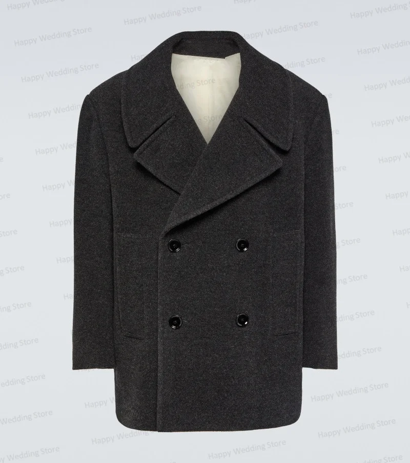 Dark Grey Woolen Men Overcoat Thick Winter Warm Formal Double Breasted Business Short Coat Custom Made Jacket Outfit Man Suit